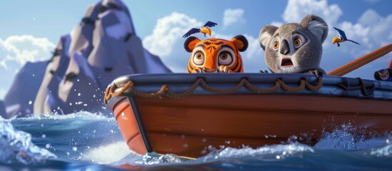 Animated Tiger and Koala in a Boat