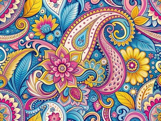 Vibrant, intricate paisley patterns in shades of pink, blue, and yellow swirl together in a whimsical, hand-drawn illustration with ornate details and flourishes.