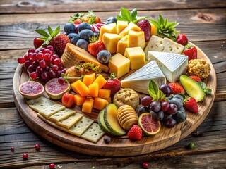 Vibrant arrangement of exotic fruits, artisanal cheeses, and gourmet crackers on a rustic wooden platter, perfect for a luxurious special occasion or holiday gathering.