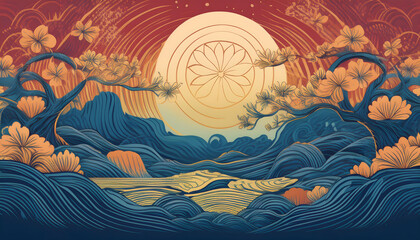 秋天夜晚月亮下的湖泊和山峰