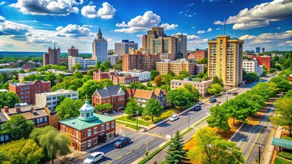 Obraz premium Vibrant cityscape of East Orange, New Jersey, showcasing a mix of modern architecture, urban streets, and lush greenery under a clear blue summer sky.