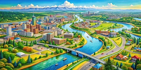 Obraz premium Vibrant colored map of Spokane, Washington, highlighting major roads, rivers, and landmarks, including the Spokane River and Riverfront Park.