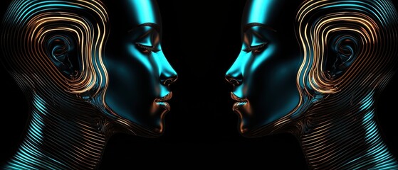 Futuristic visual of two stylized humanoid forms with vibrant colors and intricate lines, creating a mesmerizing symmetrical effect.