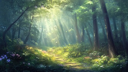 Obraz premium A dreamy forest landscape with lush vegetation, tall trees, and a soft, ethereal light that gives the scene a magical, fairytale quality.