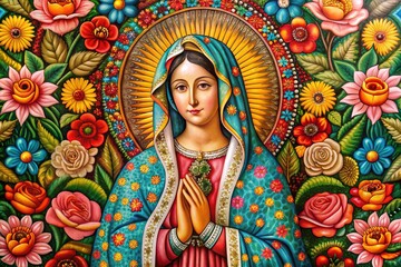 Fototapeta premium Vibrant colors adorn the iconic Virgin of Guadalupe, surrounded by intricate patterns, flowers, and a halo, exuding warmth, faith, and spiritual devotion.