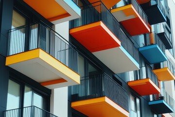 A modern apartment building with colorful balconies