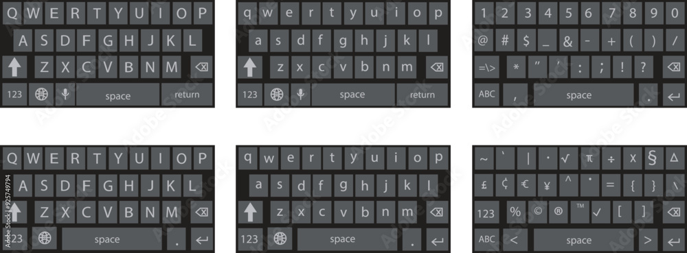 Poster set of smartphone keyboard in dark mode, keypad alphabet, numerals buttons in trendy modern flat sty