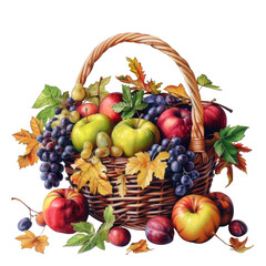 Wicker Basket Overflowing with Autumn Fruits and Grapes