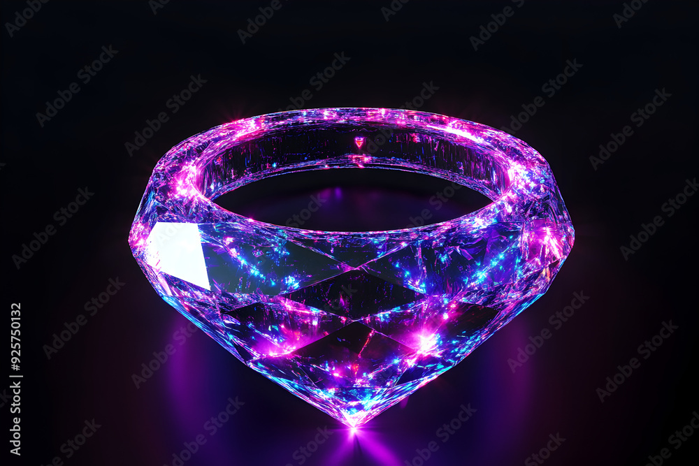 Wall mural purple and blue neon diamond ring isolated on black background.