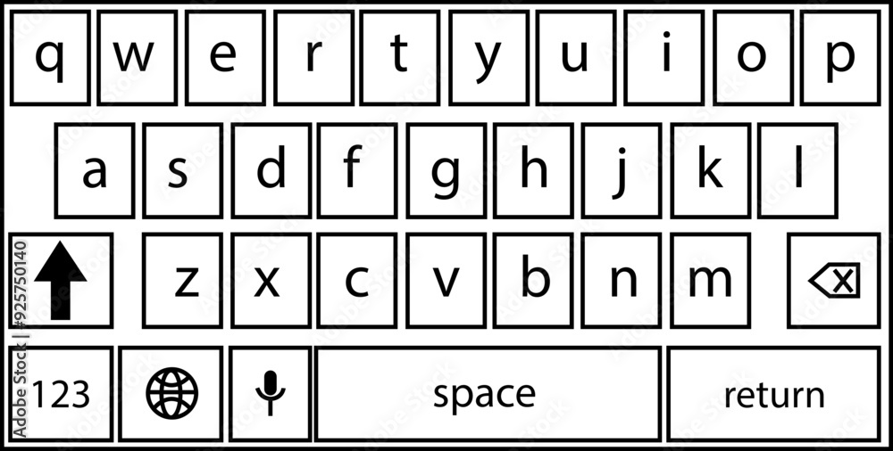Wall mural smartphone keyboard in dark mode, keypad alphabet buttons in trendy modern outline style, mobile pho