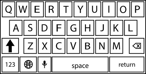 Smartphone keyboard in dark mode, keypad alphabet buttons in trendy modern Outline style, mobile phone tab concept for black color text app vector illustration isolated on transparent background.