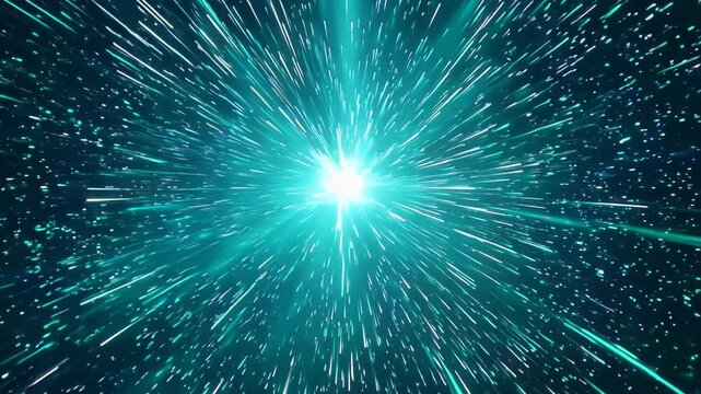 Teal energy burst expands in cosmic void. Intricate light patterns radiate outward. Particle effects create depth and dimension, simulating a celestial explosion.	