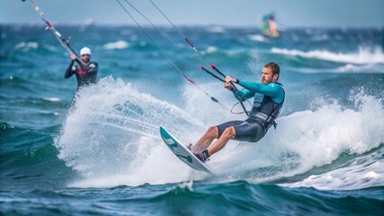 A dynamic photograph of a kite surfer catching a wave, with the surfer and kite sharply focused and the ocean and wave creating a motion blur around them.