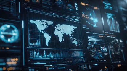 Obraz premium A futuristic interface displaying global business analytics and trends.