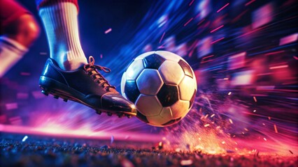 A vibrant shot of a soccer ball being kicked during a game, with the ball and playerâ€™s foot in sharp detail and the motion blur of the surrounding players and field.