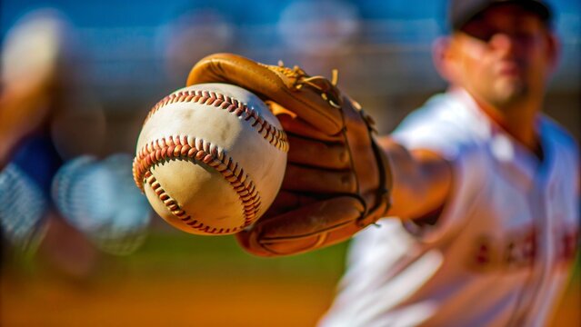 A close-up of a baseball being pitched, with the ball and pitcher&acirc;&euro;&trade;s arm captured in precise detail and the background a blur to convey the speed of the pitch.