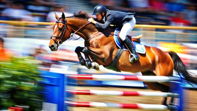 A dynamic image of a horse jumping over a hurdle, with the horse and rider in sharp focus and the ground and background a blur of motion to highlight the speed.