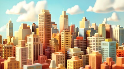 Naklejka premium City skyline, cute cartoon building, golden and red Material, 3d, c4d, octane render 