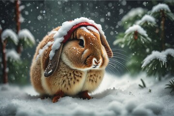 Snowy Rabbit with Red Cap