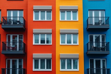 Obraz premium A colorful apartment building with red, yellow, and blue walls. The windows are large and the balconies are visible