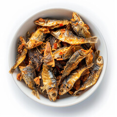 a bowl of dried fish on a white surface