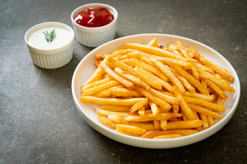 French fries with sour cream and ketchup