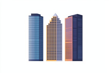 three high-rise buildings, city downtown, business, minimalist, iconic, flat design, 2D, white background, 