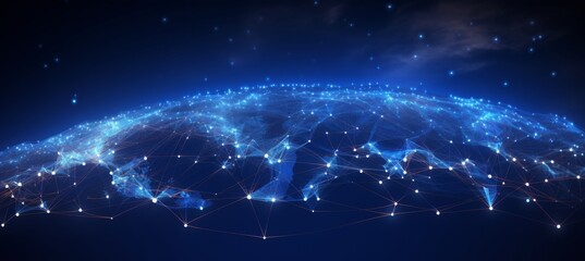 Abstract blue background with a glowing global network and connection lines on a dark blue background, a futuristic technology concept