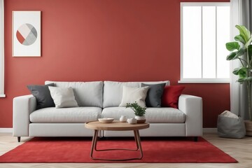 White Sofa in a Living Room with Red Walls and a Red Rug
