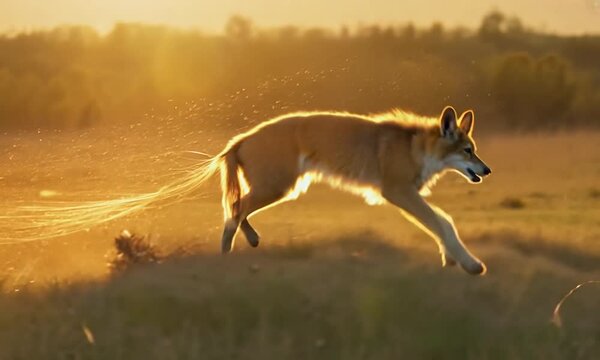 Coyote hunting and pouncing in field