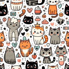 Cute Cat Seamless Pattern with Whimsical Elements