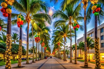 Obraz premium Vibrant palm trees adorned with twinkling lights and colorful ornaments stand tall along Miami Beach's sidewalk, blending tropical and festive holiday cheer on a sunny day.