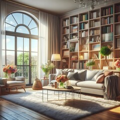 Cozy Living Room with Large Window and Bookshelves