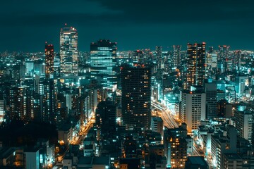 Naklejka premium Night Cityscape With Illuminated Buildings