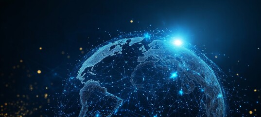 Obraz premium Abstract blue digital background with glowing network connections and global connection concept on a dark blue backdrop. Abstract technology, internet, or business theme vector illustration design ele