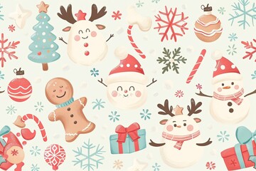 Fototapeta premium A cute, kawaii style illustration featuring adorable holiday characters like chibi reindeer, snowmen, and gingerbread cookies in pastel colors
