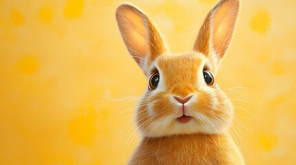 Cute Bunny with Big Eyes on Yellow Background.