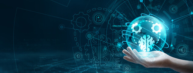 Hand holding a globe with network connecting data. Symbolic of digital technology, knowledge management systems facilitate the organization, sharing, and analysis of information.