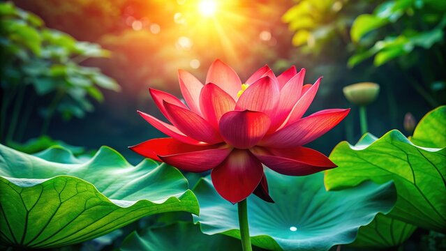 Vibrant red lotus flower blooms amidst lush greenery, symbolizing stability, grounding, and connection to the root chakra and the natural world's ancient wisdom.
