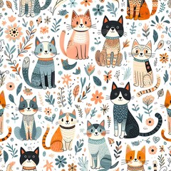 Cute Cats Pattern Seamless Illustration