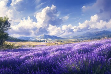 Fototapeta premium Serene Lavender Fields: Stunning Digital Artwork of Tranquil Countryside Landscape