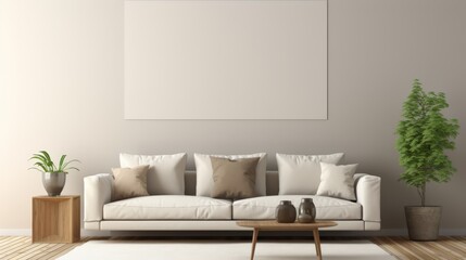 Fototapeta premium White sofa with brown pillows in a modern living room with a large blank canvas and two plants.
