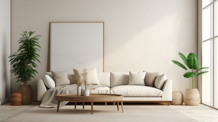 White sofa with wooden coffee table and plants in a modern living room.