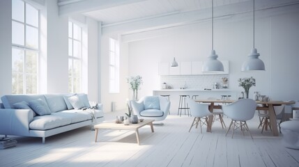 White minimalist living room with large windows, light blue sofa and dining table.