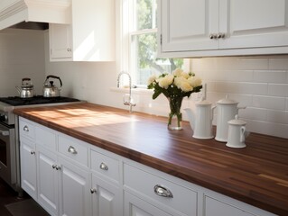 White kitchen with a wood countertop and a bouquet of white flowers in a vase.