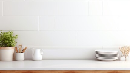 White kitchen countertop with a plant, wooden utensils, a jug, and stacked plates, with a wooden countertop below.