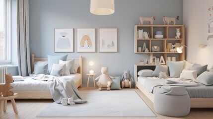 Two twin beds in a light blue room with a white rug.