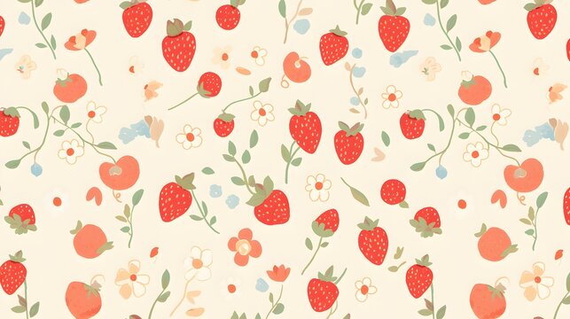 Watercolor Strawberry and Floral Seamless Pattern.