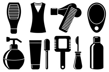 Personal Care Icons Set | Shampoo Bottle, Toothbrush, Razor, Perfume, Nail Polish, Hairdryer, Bathrobe Silhouette Vector Illustration