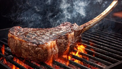 A high-angle shot of a tomahawk steak on a grill, surrounded by flames that leap up and char the edges of the meat. The steak is thick and juicy, with perfect grill marks and a rich